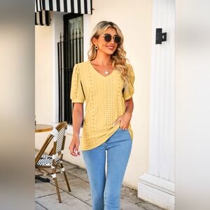 Eyelet Puff Sleeve V-Neck Top. Hit The Like ♡ Button For SALE Price!!